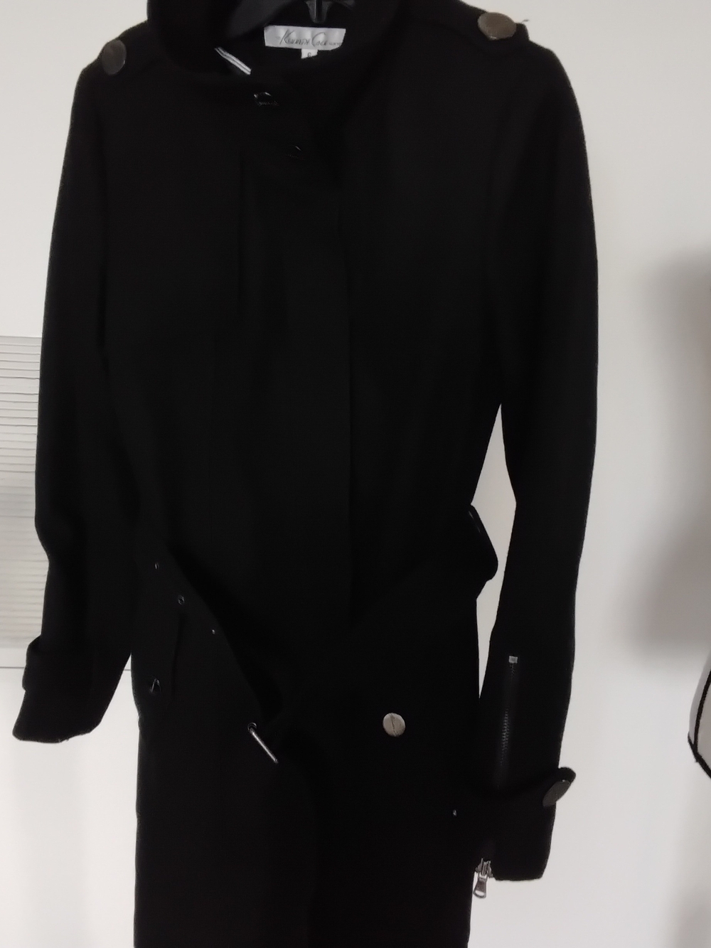 Kenneth Cole Black Wool Trench Coat with Silver Button Accents